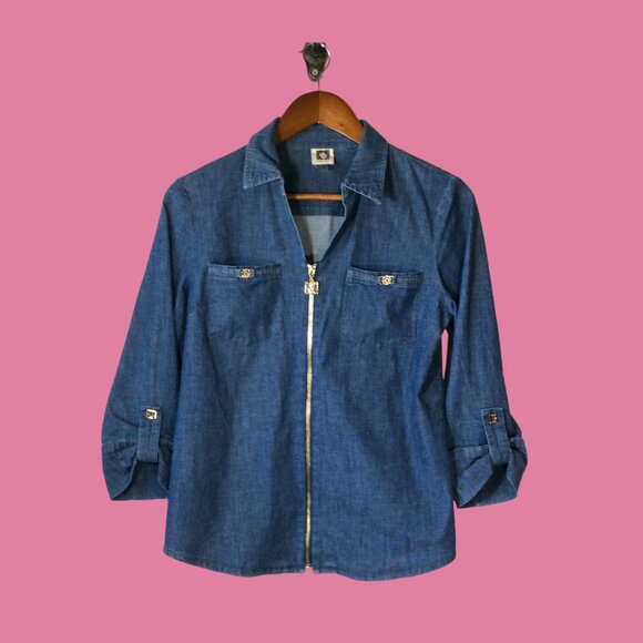 Anne Klein Tops - Anne Klein Denim Shirt With Zipper Closure in Front &  3/4 Sleeves Size P/S